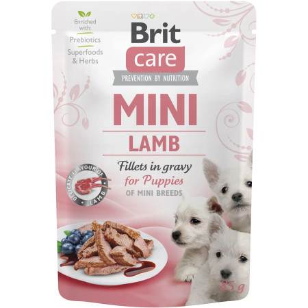 Brit Care Mini Fillets Lamb in Gravy — повнораціонний вологий корм для цуценят мініатюрних порід з філе ягняти в соусі, 85 г Brit Care Mini Fillets Lamb in Gravy — повнораціонний вологий корм для цуценят мініатюрних порід з філе ягняти в соусі, 85 г