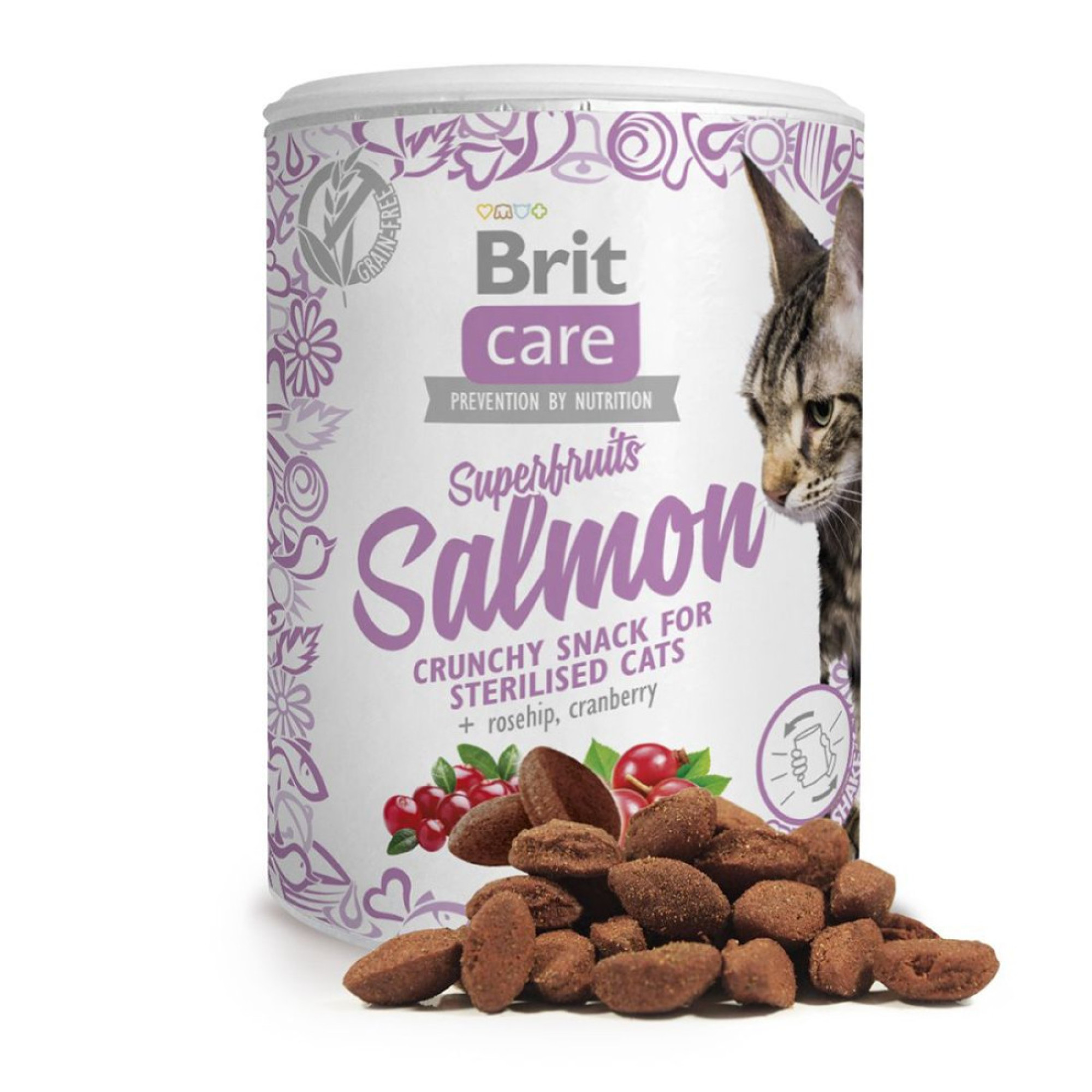 Ласощі Brit Care Cat Snack Superfruits Salmon для дорослих стерилізованих котів з лососем, шипшиною та журавлиною, 100 г