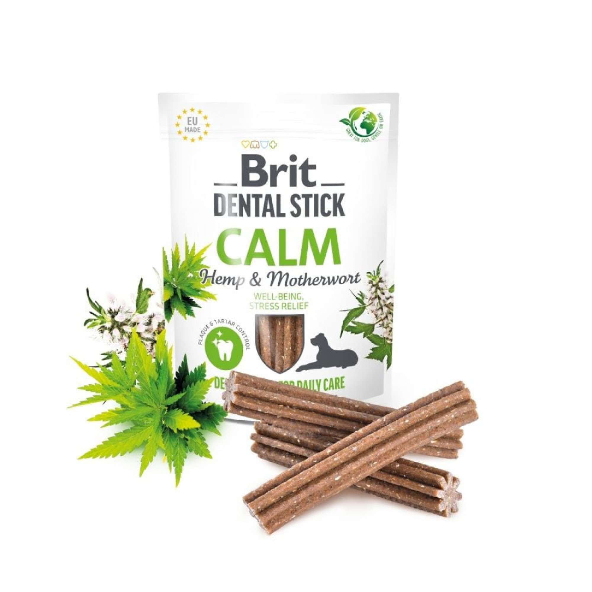 Ласощі Brit Dental Stick Calm: Заспокійливі дентальні палички з коноплею та пустирником для дорослих собак, 7 шт, 251 г