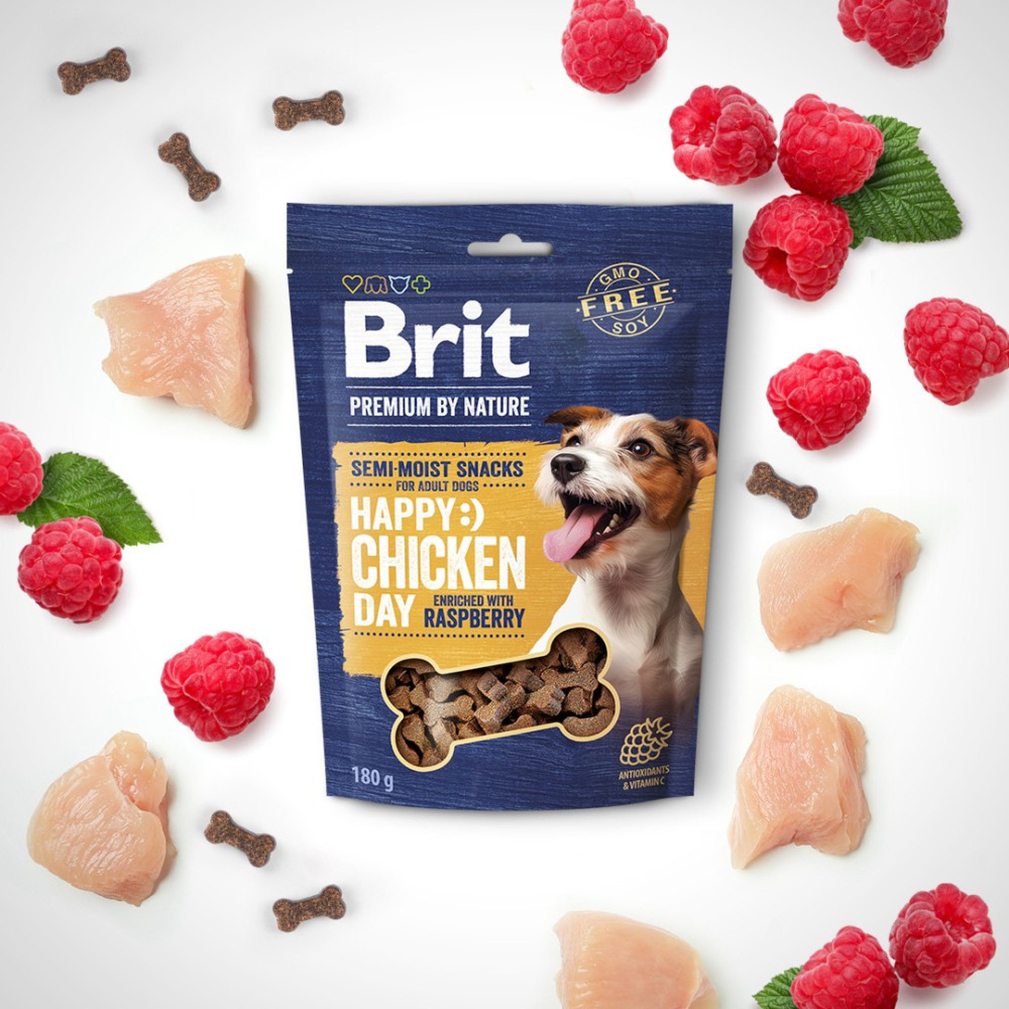 Ласощі Brit Premium Semi‑moist Snacks Chicken with Raspberry: напіввологі для собак з куркою і малиною, 180 г