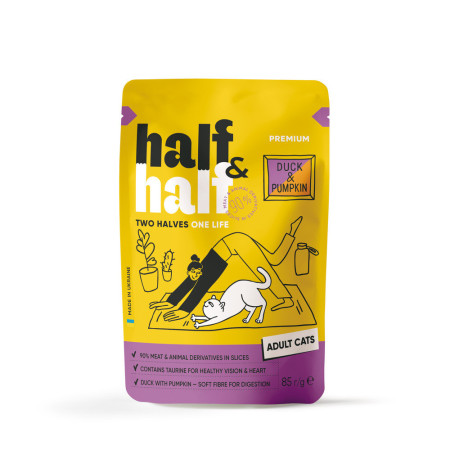 Корм влажный Half&Half для взрослых кошек с уткой и тыквой в соусе 85 г Корм влажный Half&Half для взрослых кошек с уткой и тыквой в соусе 85 г