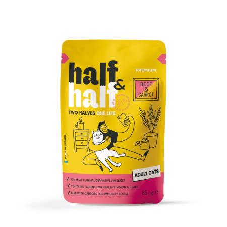 Корм влажный Half&Half для взрослых кошек с говядиной и морковью в желе 85 г Корм влажный Half&Half для взрослых кошек с говядиной и морковью в желе 85 г
