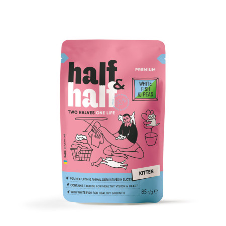 Корм влажный Half&Half для котят с белой рыбой и горохом в желе 85 г Корм влажный Half&Half для котят с белой рыбой и горохом в желе 85 г