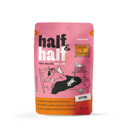 Корм влажный Half&Half для котят с курицей и тыквой в соусе 85 г Корм влажный Half&Half для котят с курицей и тыквой в соусе 85 г