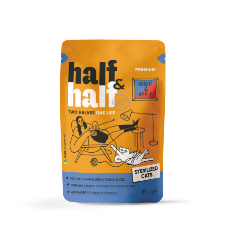 Корм влажный Half&Half для стерилизованных кошек с кроликом и яблоком в желе 85 г Корм влажный Half&Half для стерилизованных кошек с кроликом и яблоком в желе 85 г