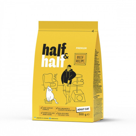 Корм сухой HalfHalf для взрослых кошек с говядиной 300 г Корм сухой HalfHalf для взрослых кошек с говядиной 300 г