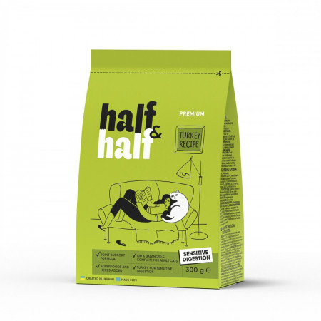 Корм сухой HalfHalf для кошек с чувствительным пищеварением с индейкой 300 г Корм сухой HalfHalf для кошек с чувствительным пищеварением с индейкой 300 г