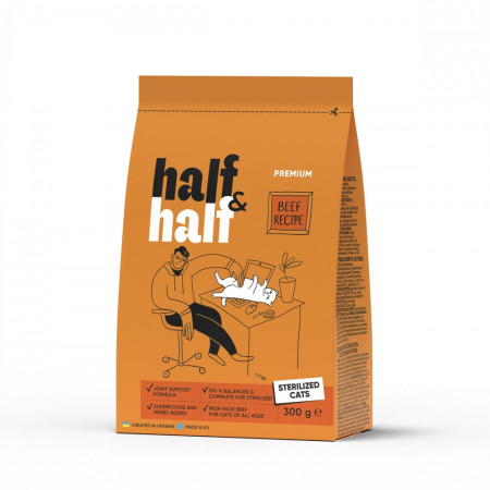 Корм сухой HalfHalf для стерилизованных кошек с говядиной 300 г Корм сухой HalfHalf для стерилизованных кошек с говядиной 300 г