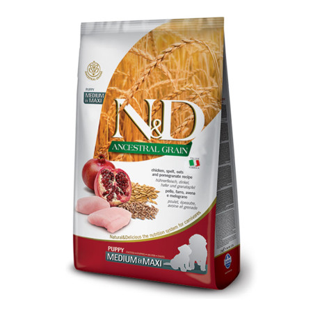 Farmina N&D Ancestral Grain Puppy Medium & Maxi Chicken & Pomegranate – повнораціонний сухий низькозерновий корм з куркою, спельтою, вівсом і гранатом для цуценят середніх і великих порід, 12 кг Farmina N&D Ancestral Grain Puppy Medium & Maxi Chicken & Pomegranate – повнораціонний сухий низькозерновий корм з куркою, спельтою, вівсом і гранатом для цуценят середніх і великих порід, 12 кг