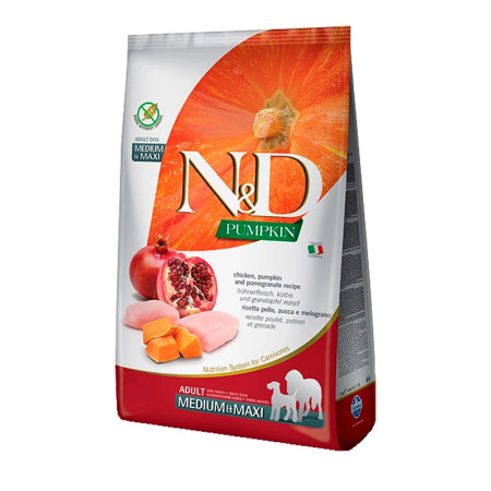 Farmina N&D Pumpkin Grain Free Dog Adult Medium & Maxi Chicken & Pomegranate – повнораціонний сухий беззерновий корм з куркою, гарбузом та гранатом для дорослих собак середніх і великих порід, 12 кг Farmina N&D Pumpkin Grain Free Dog Adult Medium & Maxi Chicken & Pomegranate – повнораціонний сухий беззерновий корм з куркою, гарбузом та гранатом для дорослих собак середніх і великих порід, 12 кг