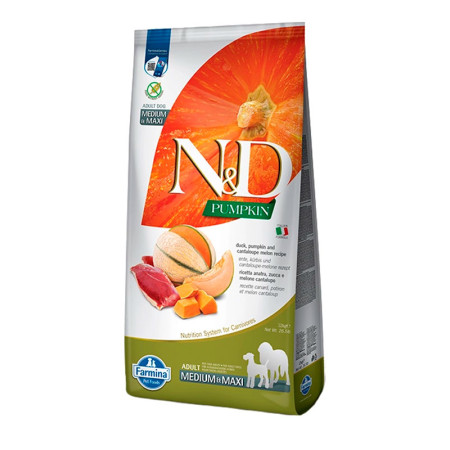 Farmina N&D Pumpkin Grain Free Dog Adult Medium & Maxi Duck & Cantaloupe – беззерновий сухий корм з качкою, гарбузом та мускатною динею для дорослих собак середніх та великих порід, 12 кг Farmina N&D Pumpkin Grain Free Dog Adult Medium & Maxi Duck & Cantaloupe – беззерновий сухий корм з качкою, гарбузом та мускатною динею для дорослих собак середніх та великих порід, 12 кг