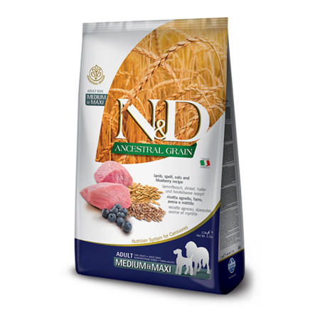 Farmina N&D Ancestral Grain Dog Adult Medium & Maxi Lamb & Blueberry – низькозерновий сухий корм з ягням, спельтою, вівсом та чорницею для дорослих собак середніх та великих порід, 12 кг Farmina N&D Ancestral Grain Dog Adult Medium & Maxi Lamb & Blueberry – низькозерновий сухий корм з ягням, спельтою, вівсом та чорницею для дорослих собак середніх та великих порід, 12 кг