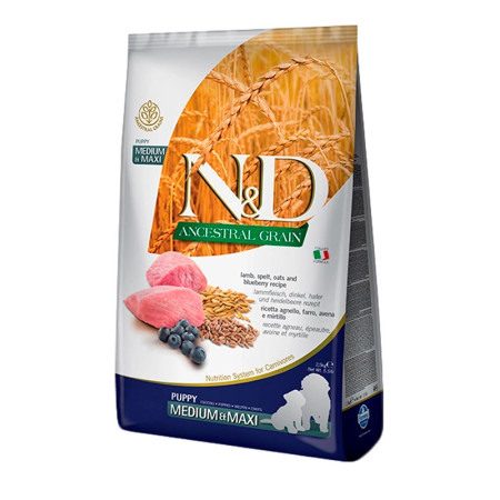 Farmina N&D Ancestral Grain Puppy Medium & Maxi Lamb & Blueberry – низькозерновий сухий корм з ягням, спельтою, вівсом та чорницею для цуценят середніх та великих порід, 12 кг Farmina N&D Ancestral Grain Puppy Medium & Maxi Lamb & Blueberry – низькозерновий сухий корм з ягням, спельтою, вівсом та чорницею для цуценят середніх та великих порід, 12 кг