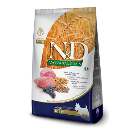 Farmina N&D Ancestral Grain Dog Adult Mini Lamb & Blueberry – низькозерновий сухий корм з ягням, спельтою, вівсом та чорницею для дорослих собак малих порід, 7 кг Farmina N&D Ancestral Grain Dog Adult Mini Lamb & Blueberry – низькозерновий сухий корм з ягням, спельтою, вівсом та чорницею для дорослих собак малих порід, 7 кг