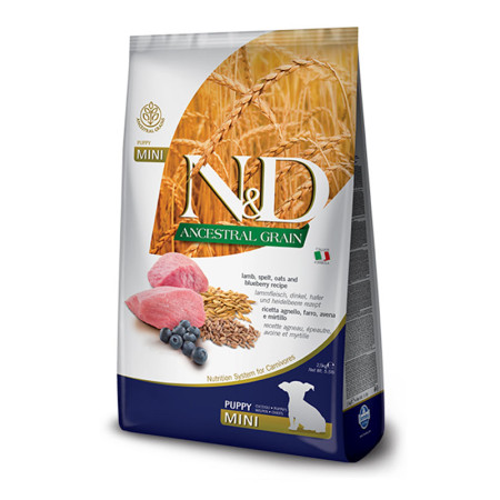 Farmina N&D Ancestral Grain Puppy Mini Lamb & Blueberry – повнораціонний низькозерновий сухий корм з ягням, спельтою, вівсом та чорницею для цуценят дрібних порід, 7 кг Farmina N&D Ancestral Grain Puppy Mini Lamb & Blueberry – повнораціонний низькозерновий сухий корм з ягням, спельтою, вівсом та чорницею для цуценят дрібних порід, 7 кг