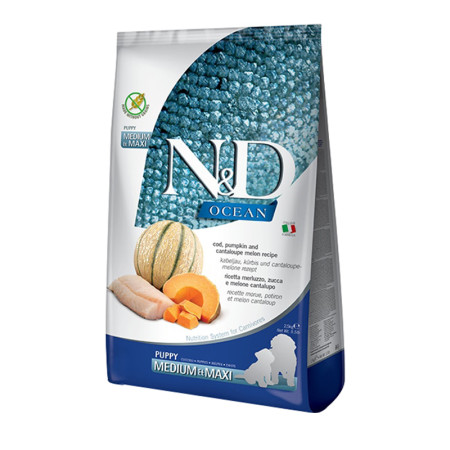 Farmina N&D Ocean Puppy Medium & Maxi Cod, Pumpkin & Cantaloupe Melon – повнораціонний беззерновий сухий корм з тріскою, гарбузом і динею для цуценят середніх і великих порід, 2.5 кг Farmina N&D Ocean Puppy Medium & Maxi Cod, Pumpkin & Cantaloupe Melon – повнораціонний беззерновий сухий корм з тріскою, гарбузом і динею для цуценят середніх і великих порід, 2.5 кг