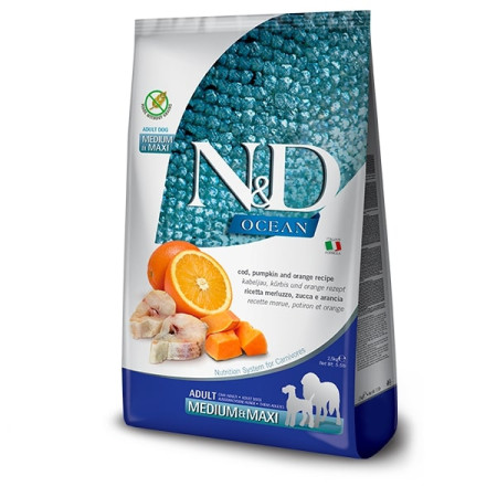 Farmina N&D Ocean Dog Adult Medium & Maxi Cod, Pumpkin & Orange – повнораціонний беззерновий сухий корм з тріскою, гарбузом та апельсином для дорослих собак середніх і великих порід, 2.5 кг