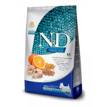 Farmina N&D Ocean Dog Adult Mini Cod, Spelt, Oats & Orange – повнораціонний низькозерновий сухий корм з тріскою, спельтою, вівсом та апельсином для дорослих собак малих порід, 7 кг Farmina N&D Ocean Dog Adult Mini Cod, Spelt, Oats & Orange – повнораціонний низькозерновий сухий корм з тріскою, спельтою, вівсом та апельсином для дорослих собак малих порід, 7 кг