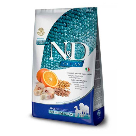 Farmina N&D Ocean Dog Adult Medium & Maxi Cod, Spelt, Oats & Orange – повнораціонний низькозерновий сухий корм з тріскою, спельтою, вівсом та апельсином для дорослих собак середніх і великих порід, 12 кг Farmina N&D Ocean Dog Adult Medium & Maxi Cod, Spelt, Oats & Orange – повнораціонний низькозерновий сухий корм з тріскою, спельтою, вівсом та апельсином для дорослих собак середніх і великих порід, 12 кг
