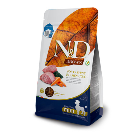Farmina N&D Brown Dog Adult Mini Lamb, Spirulina & Carrot – повнораціонний низькозерновий сухий корм з ягням, спіруліною та морквою для дорослих собак малих порід із коричневою шерстю, 5 кг Farmina N&D Brown Dog Adult Mini Lamb, Spirulina & Carrot – повнораціонний низькозерновий сухий корм з ягням, спіруліною та морквою для дорослих собак малих порід із коричневою шерстю, 5 кг