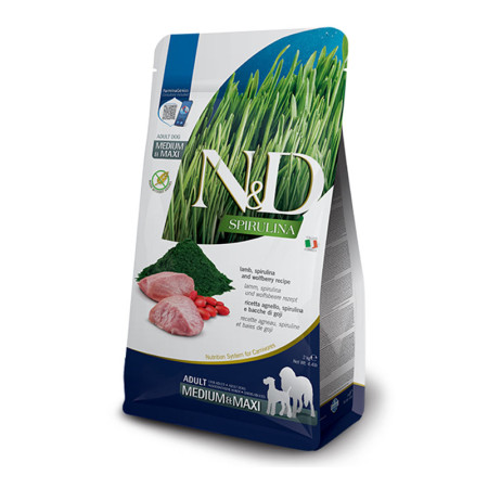 Farmina N&D Spirulina Dog Adult Medium & Maxi Lamb & Wolfberry – повнораціонний низькозерновий сухий корм з ягням і ягодами годжі для дорослих собак середніх і великих порід, 7 кг Farmina N&D Spirulina Dog Adult Medium & Maxi Lamb & Wolfberry – повнораціонний низькозерновий сухий корм з ягням і ягодами годжі для дорослих собак середніх і великих порід, 7 кг