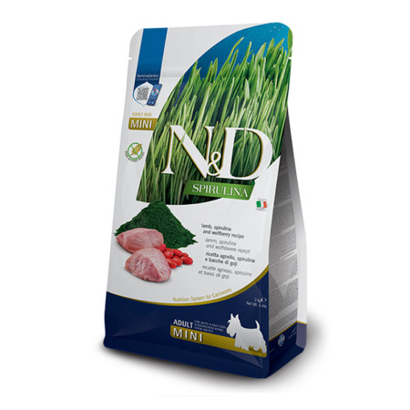 Farmina N&D Spirulina Dog Adult Mini Lamb & Wolfberry – повнораціонний низькозерновий сухий корм з ягням і ягодами годжі для дорослих собак малих порід, 2 кг Farmina N&D Spirulina Dog Adult Mini Lamb & Wolfberry – повнораціонний низькозерновий сухий корм з ягням і ягодами годжі для дорослих собак малих порід, 2 кг