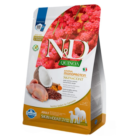 Farmina N&D Quinoa Dog Adult Medium & Maxi Skin & Coat Quail & Coconut – повнораціонний беззерновий сухий корм з м’ясом перепела та кокосом для дорослих собак середніх і великих порід, 2.5 кг