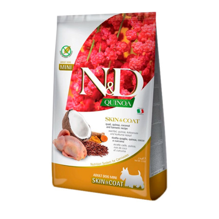 Farmina N&D Quinoa Dog Adult Mini Skin & Coat Quail & Coconut – повнораціонний беззерновий сухий корм з м’ясом перепела та кокосом для дорослих собак малих порід, 7 кг Farmina N&D Quinoa Dog Adult Mini Skin & Coat Quail & Coconut – повнораціонний беззерновий сухий корм з м’ясом перепела та кокосом для дорослих собак малих порід, 7 кг