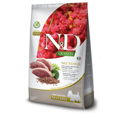 Farmina N&D Quinoa Dog Adult Mini Neutered Duck, Broccoli & Asparagus – повнораціонний беззерновий сухий корм з качкою, броколі та спаржею для дорослих стерилізованих та кастрованих собак малих порід, 7 кг Farmina N&D Quinoa Dog Adult Mini Neutered Duck, Broccoli & Asparagus – повнораціонний беззерновий сухий корм з качкою, броколі та спаржею для дорослих стерилізованих та кастрованих собак малих порід, 7 кг