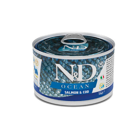 Farmina N&D Ocean Grain Free Dog Adult Mini Salmon & Cod Cans – повнораціонний беззерновий вологий корм з лососем і тріскою для дорослих собак малих порід Farmina N&D Ocean Grain Free Dog Adult Mini Salmon & Cod Cans – повнораціонний беззерновий вологий корм з лососем і тріскою для дорослих собак малих порід