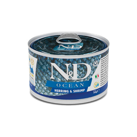 Farmina N&D Ocean Grain Free Dog Adult Mini Herring & Shrimp Cans – повнораціонний беззерновий вологий корм з оселедцем і креветками для дорослих собак малих порід Farmina N&D Ocean Grain Free Dog Adult Mini Herring & Shrimp Cans – повнораціонний беззерновий вологий корм з оселедцем і креветками для дорослих собак малих порід