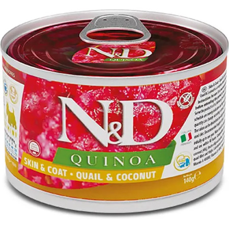 Farmina N&D Quinoa Dog Adult Mini Skin & Coat Quail & Coconut Cans – повнораціонний беззерновий вологий корм з перепілкою та кокосом для дорослих собак малих порід для здоров’я шкіри та шерсті Farmina N&D Quinoa Dog Adult Mini Skin & Coat Quail & Coconut Cans – повнораціонний беззерновий вологий корм з перепілкою та кокосом для дорослих собак малих порід для здоров’я шкіри та шерсті