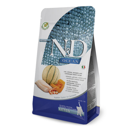 Farmina N&D Ocean Grain Free Kitten Cod, Shrimp, Pumpkin & Cantaloupe Melon — повнораціонний беззерновий сухий корм для кошенят із тріскою, креветками, гарбузом і динею канталупа, 5 кг Farmina N&D Ocean Grain Free Kitten Cod, Shrimp, Pumpkin & Cantaloupe Melon — повнораціонний беззерновий сухий корм для кошенят із тріскою, креветками, гарбузом і динею канталупа, 5 кг