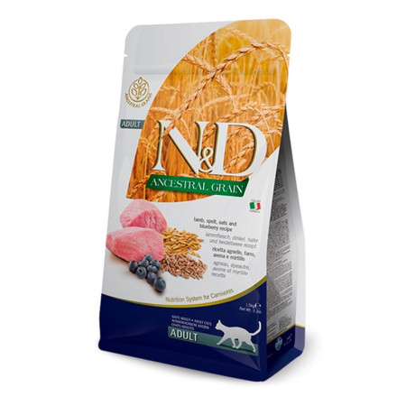 Farmina N&D Ancestral Grain Cat Adult Lamb & Blueberry — повнораціонний сухий корм для дорослих котів з ягням, чорницею та натуральними злаками, 10 кг Farmina N&D Ancestral Grain Cat Adult Lamb & Blueberry — повнораціонний сухий корм для дорослих котів з ягням, чорницею та натуральними злаками, 10 кг