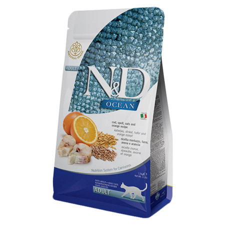 Farmina N&D Ocean Cat Adult Cod, Spelt, Oats & Orange — повнораціонний сухий корм для дорослих котів з тріскою, натуральними злаками та апельсином, 10 кг Farmina N&D Ocean Cat Adult Cod, Spelt, Oats & Orange — повнораціонний сухий корм для дорослих котів з тріскою, натуральними злаками та апельсином, 10 кг
