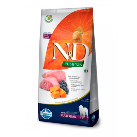Farmina N&D Pumpkin Grain Free Dog Adult Maxi Giant Lamb & Blueberry – сухий беззерновий корм з ягням, гарбузом та чорницею для дорослих собак гігантських порід, 12 кг Farmina N&D Pumpkin Grain Free Dog Adult Maxi Giant Lamb & Blueberry – сухий беззерновий корм з ягням, гарбузом та чорницею для дорослих собак гігантських порід, 12 кг
