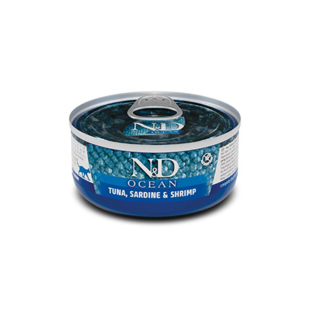 Farmina N&D Ocean Grain Free Cat Adult Tuna, Sardine & Shrimp Cans — повнораціонний беззерновий вологий корм для дорослих котів із тунцем, сардиною та креветками Farmina N&D Ocean Grain Free Cat Adult Tuna, Sardine & Shrimp Cans — повнораціонний беззерновий вологий корм для дорослих котів із тунцем, сардиною та креветками