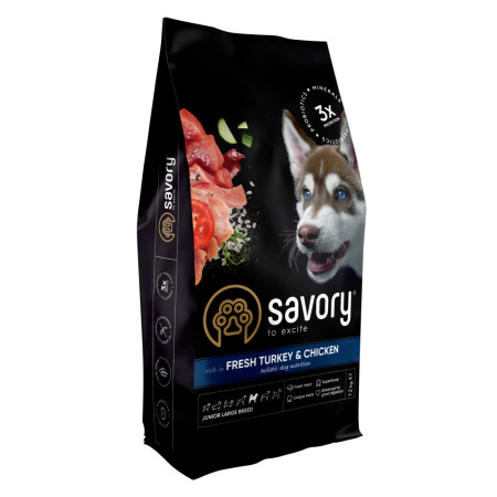 Savory Junior Large rich in Fresh Turkey and Chicken: Для молодих собак великих порід від 25 кг зі свіжою індичкою та куркою, 12 кг Savory Junior Large rich in Fresh Turkey and Chicken: Для молодих собак великих порід від 25 кг зі свіжою індичкою та куркою, 12 кг