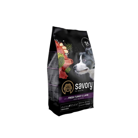 Savory Medium Breeds rich in Fresh Turkey and Lamb: Для дорослих собак середніх порід від 10 до 25 кг зі свіжою індичкою та ягням, 3 кг Savory Medium Breeds rich in Fresh Turkey and Lamb: Для дорослих собак середніх порід від 10 до 25 кг зі свіжою індичкою та ягням, 3 кг