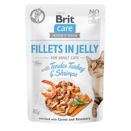 Brit Care Fillets in Jelly Tender Turkey and Shrimps — повнораціонний вологий корм для котів, філе в желе з ніжною індичкою та креветками, 85 г Brit Care Fillets in Jelly Tender Turkey and Shrimps — повнораціонний вологий корм для котів, філе в желе з ніжною індичкою та креветками, 85 г