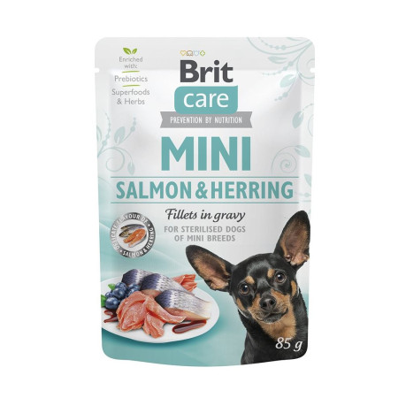 Brit Care Mini Fillets Salmon & Herring in Gravy — повнораціонний вологий корм для дорослих собак мініатюрних порід з філе лосося та оселедця в соусі, 85 г Brit Care Mini Fillets Salmon & Herring in Gravy — повнораціонний вологий корм для дорослих собак мініатюрних порід з філе лосося та оселедця в соусі, 85 г