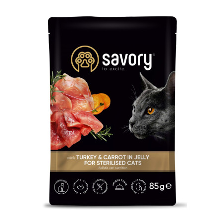 Savory Sterilised Cat Pouch Turkey and Carrot in Jelly: Для стерилізованих котів з індичкою та морквою у желе, 85 г Savory Sterilised Cat Pouch Turkey and Carrot in Jelly: Для стерилізованих котів з індичкою та морквою у желе, 85 г