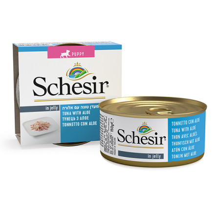 Schesir Tuna Aloe Puppy ШЕЗІР ТУНЕЦЬ З АЛОЕ в желе натуральні консерви для цуценят, вологий корм, банка 150г Schesir Tuna Aloe Puppy ШЕЗІР ТУНЕЦЬ З АЛОЕ в желе натуральні консерви для цуценят, вологий корм, банка 150г