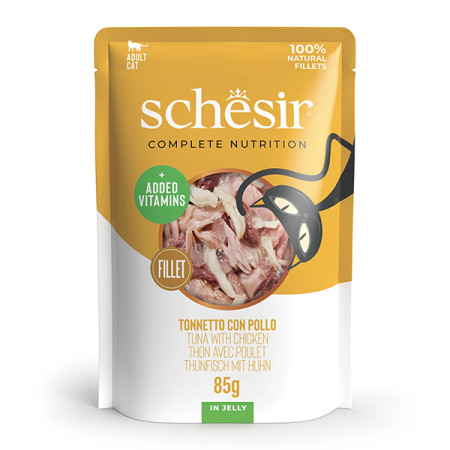 Schesir Tuna and Chicken ШЕЗІР ТУНЕЦЬ З КУРЯЧИМ ФІЛЕ в желе натуральні консерви для котів, вологий корм, пауч 85г Schesir Tuna and Chicken ШЕЗІР ТУНЕЦЬ З КУРЯЧИМ ФІЛЕ в желе натуральні консерви для котів, вологий корм, пауч 85г