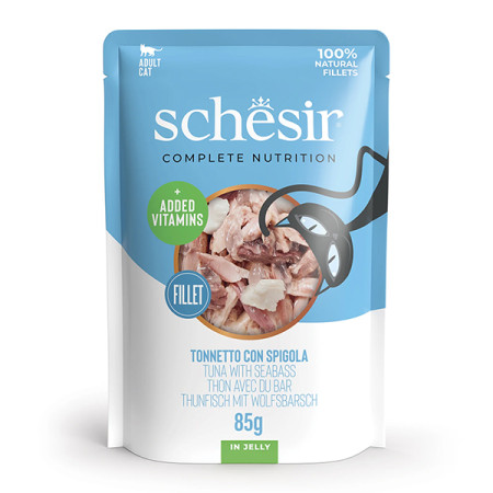 Schesir Tuna with Seabass ШЕЗІР ТУНЕЦЬ З МОРСЬКИМ ОКУНЕМ в желе натуральні консерви для котів, вологий корм, пауч 85г Schesir Tuna with Seabass ШЕЗІР ТУНЕЦЬ З МОРСЬКИМ ОКУНЕМ в желе натуральні консерви для котів, вологий корм, пауч 85г