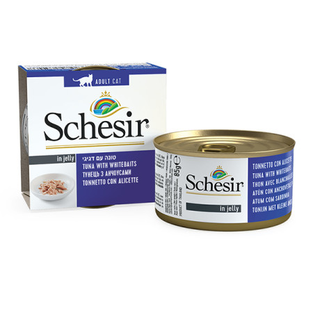Schesir Tuna Whitebaits ШЕЗІР ТУНЕЦЬ З АНЧОУСАМИ в желе натуральні консерви для котів, вологий корм, банка 85г Schesir Tuna Whitebaits ШЕЗІР ТУНЕЦЬ З АНЧОУСАМИ в желе натуральні консерви для котів, вологий корм, банка 85г