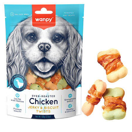 Wanpy Chicken Jerky & Biscuit Twists ВАНПІ БІСКВІТ З В’ЯЛЕНОЮ КУРКОЮ печиво, ласощі для собак Wanpy Chicken Jerky & Biscuit Twists ВАНПІ БІСКВІТ З В’ЯЛЕНОЮ КУРКОЮ печиво, ласощі для собак
