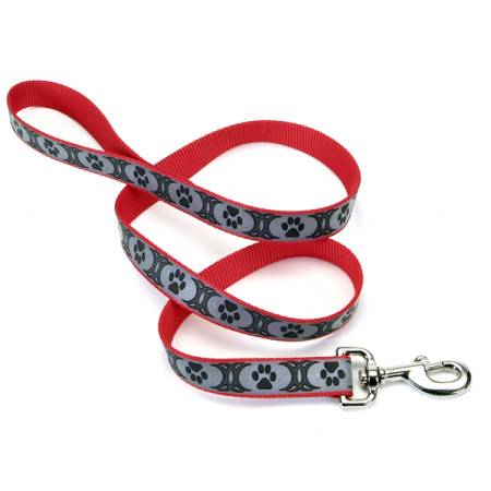 Coastal Lazer Brite Reflective Leash КОСТАЛ ЛАЗЕР БРАЙТ светоотражающий поводок для собак, 2.5смХ1.8м, цвет красный с лапками