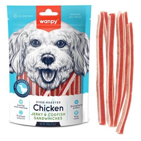 Wanpy Chicken Jerky & Codfish Sandwiches ВАНПІ СЕНДВІЧ КУРКА З ТРІСКОЮ ласощі для собак Wanpy Chicken Jerky & Codfish Sandwiches ВАНПІ СЕНДВІЧ КУРКА З ТРІСКОЮ ласощі для собак