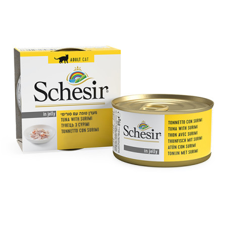 Schesir Tuna with Surimi ШЕЗІР ТУНЕЦЬ З СУРІМІ в желе натуральні консерви для котів, вологий корм, банка 85г Schesir Tuna with Surimi ШЕЗІР ТУНЕЦЬ З СУРІМІ в желе натуральні консерви для котів, вологий корм, банка 85г